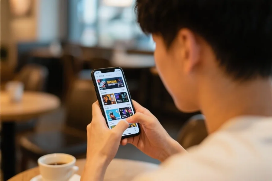 一位年轻用户专心操作手机，手机界面显示流畅切换的娱乐内容，背景为咖啡馆环境，光线柔和